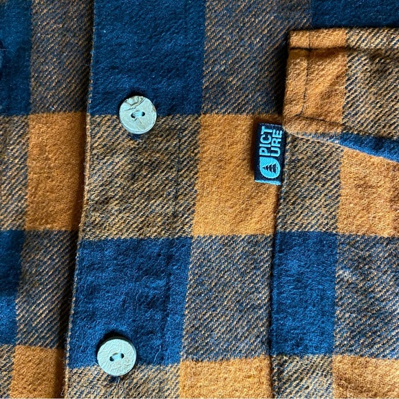 Organic Cotton Orange Plaid Button Down Shirt Men XL Wood Buttons Elbow Patches - Picture 8 of 10